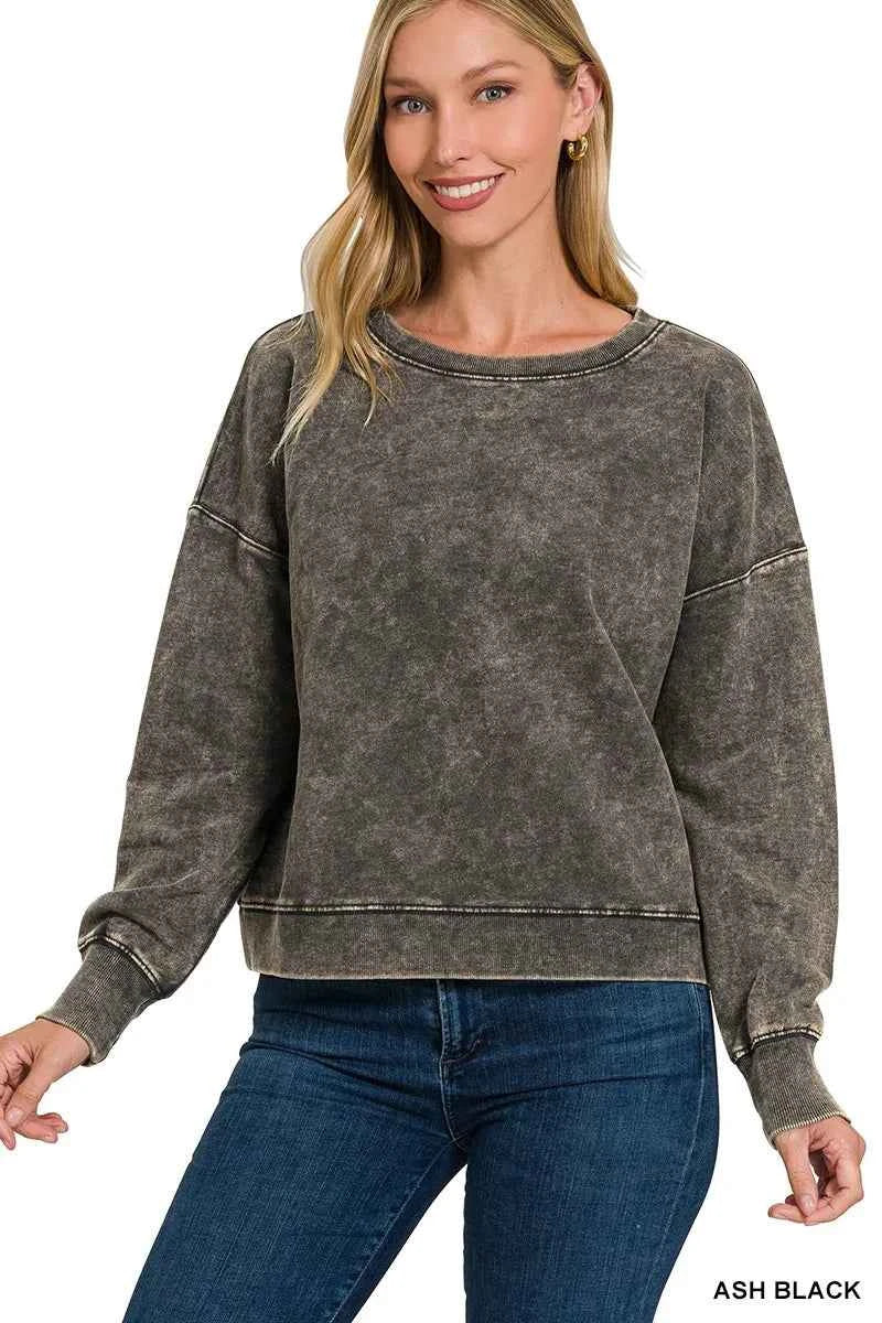 Zenana French Terry Acid Wash Boat Neck Sweatshirt ASH BLACK febe3229b4554f139f665e3d06fce395-Max-Origin