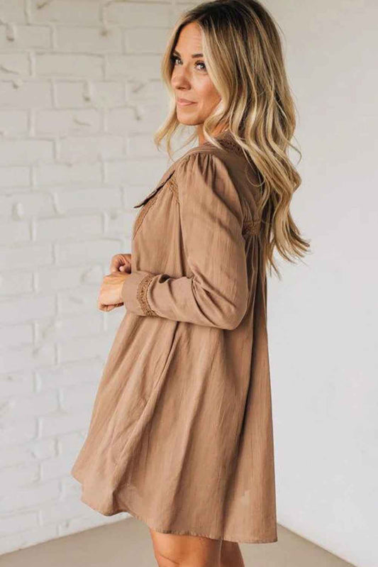 Straw Yellow Lace Trim Peter Pan Collar Long Sleeve Mini Shirt Dress febeb647b4cd893a