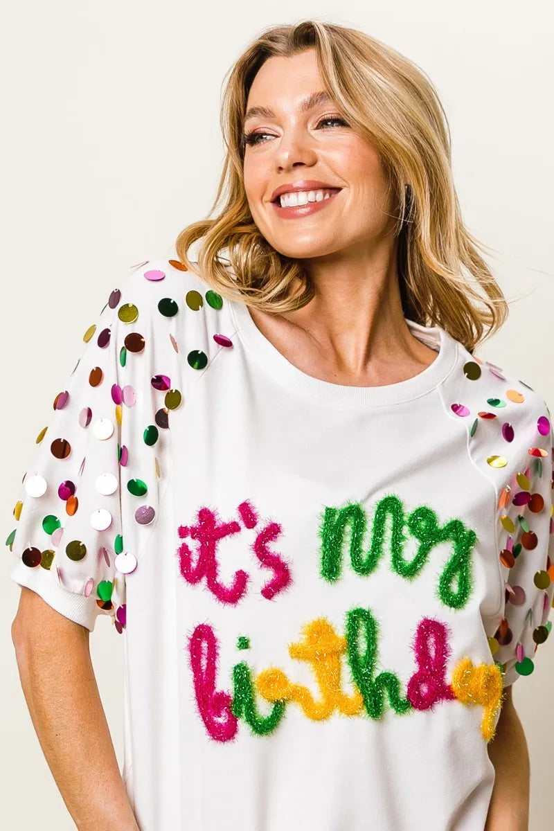 BiBi Metallic Letter Spangle Raglan Puff Sleeve Top febfa3424edf4d39ac78cffb8ff629b9-Max-Origin