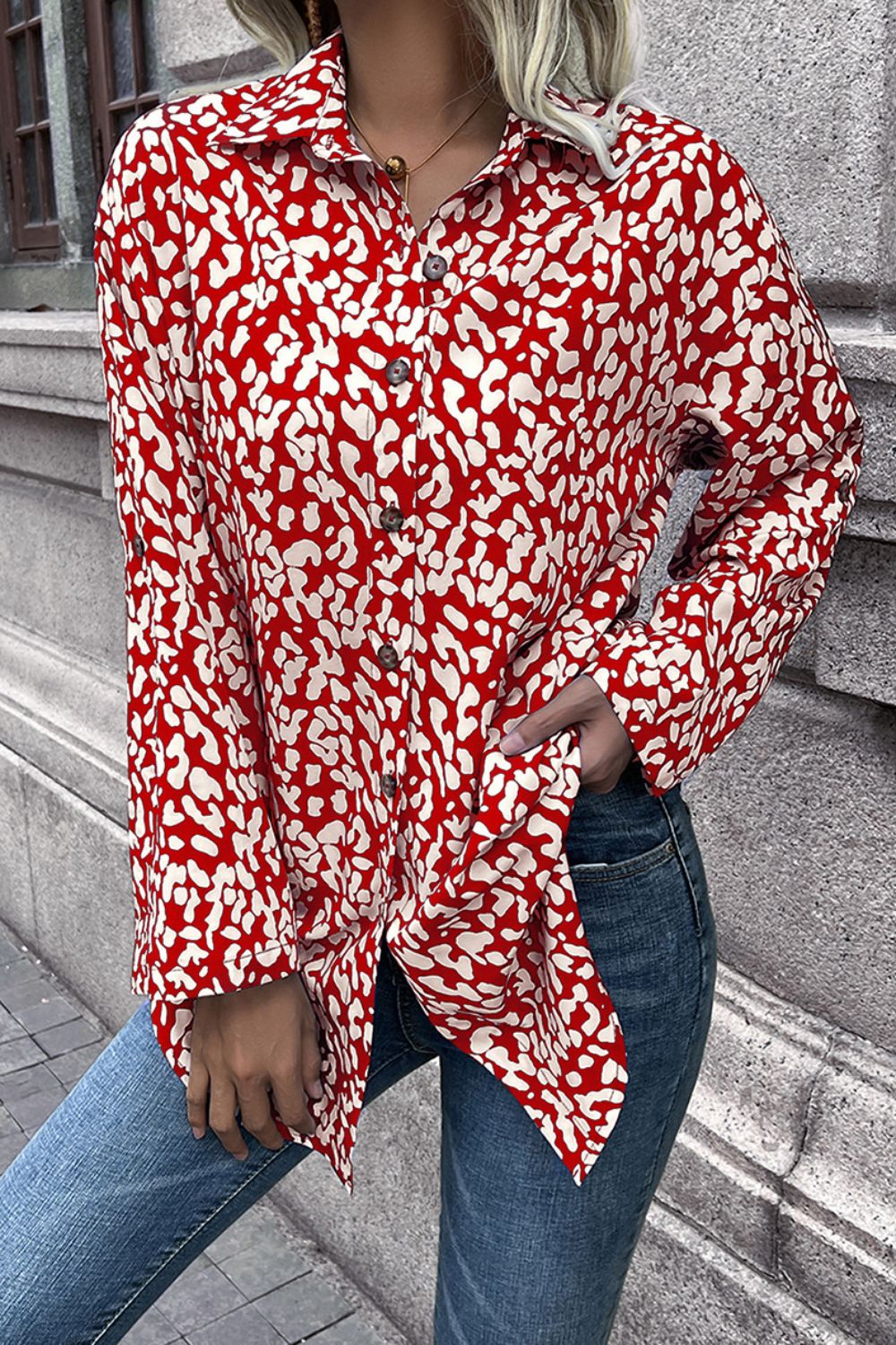 Ivy Lane Leopard Roll-Tap Sleeve Shirt febfa3dcc6b346689c170935fcced993-Max