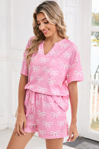 Pink Waffle Knit Bowknot Printed V Neck T Shirt And Shorts Set fec437814c6d5148