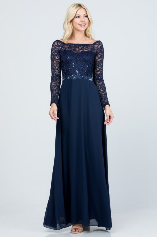 Women’s Long Sleeve Lace Evening Gown – A-Line Chiffon Maxi Dress Navy fecd2d90-f402-4607-8949-392ee965b046
