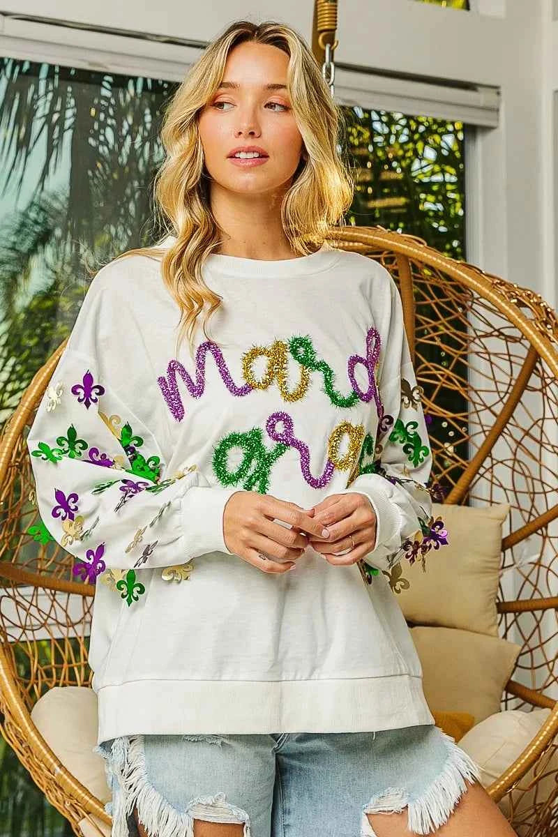 BiBi Fleur De Lis Sleeve Mardi Gras Pullover fecedff8ce344b979a3d49dab678d3a4-Max-Origin