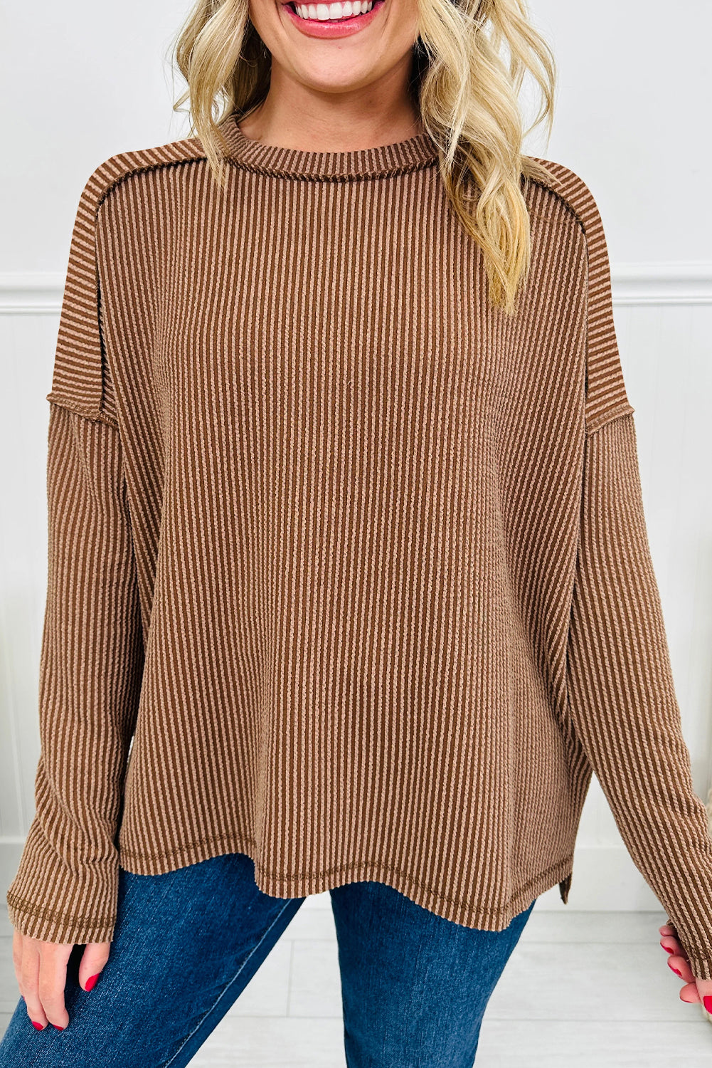 Green Bay Twisted Rib Exposed Seam Detail Long Sleeve Loose Top fed32048aaa5dedf