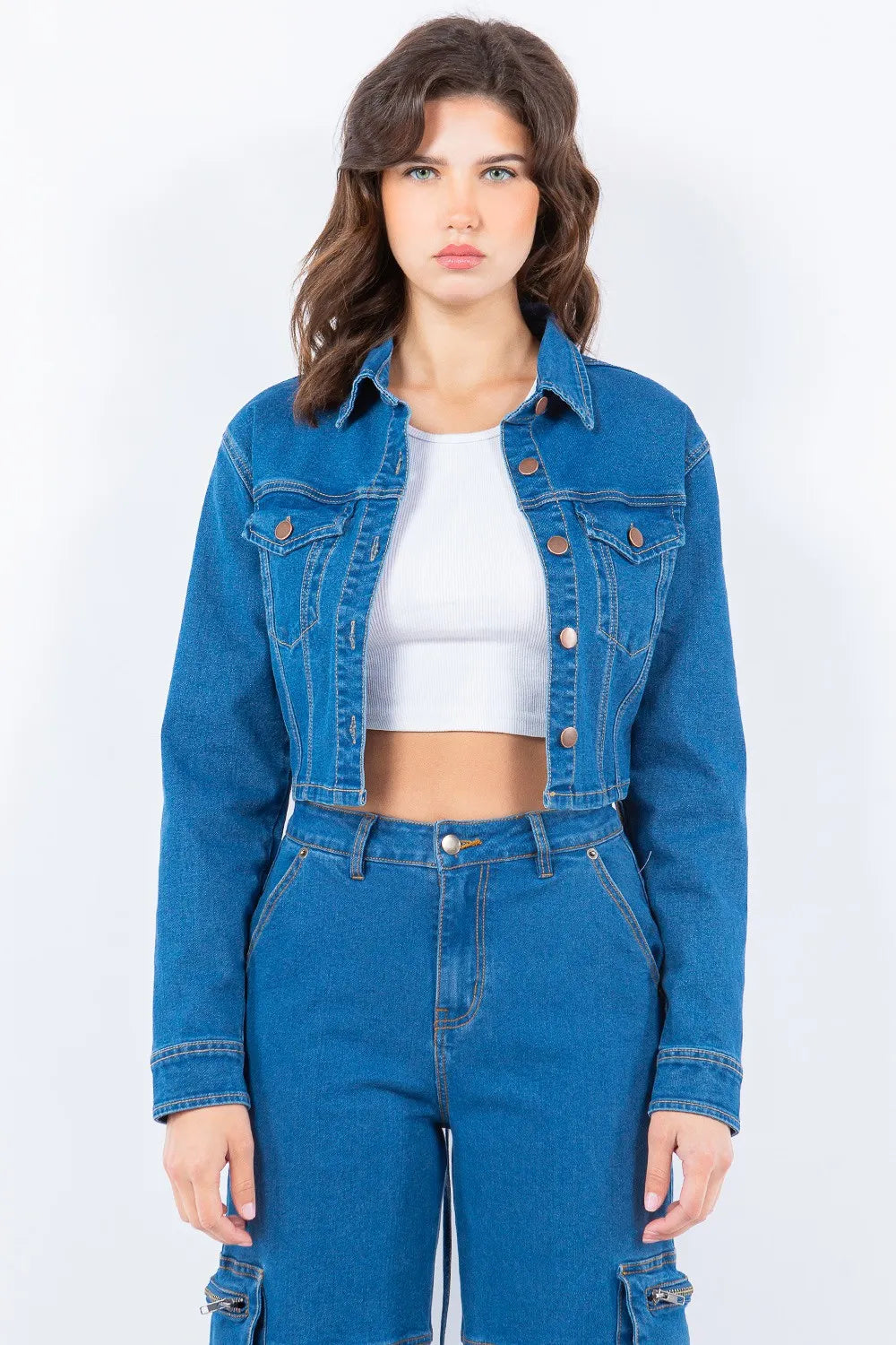 American Bazi Laced Back Cropped Denim Jacket Blue feddc4ae-b451-4b76-a18c-c449a440a8b6-Max