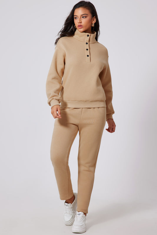 Parchment Solid Half Button Sweatshirt and High Waist Sweatpants Set fede1e8432a7841f
