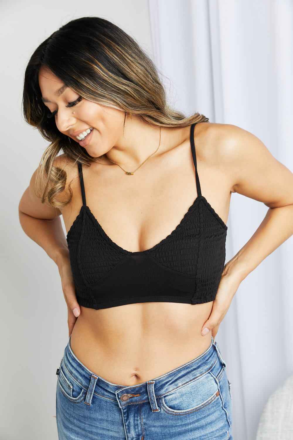 Zenana Full Size Textured Spaghetti Strap Bralette in Black Black fee1916ef362476896d30500d9935440-Max