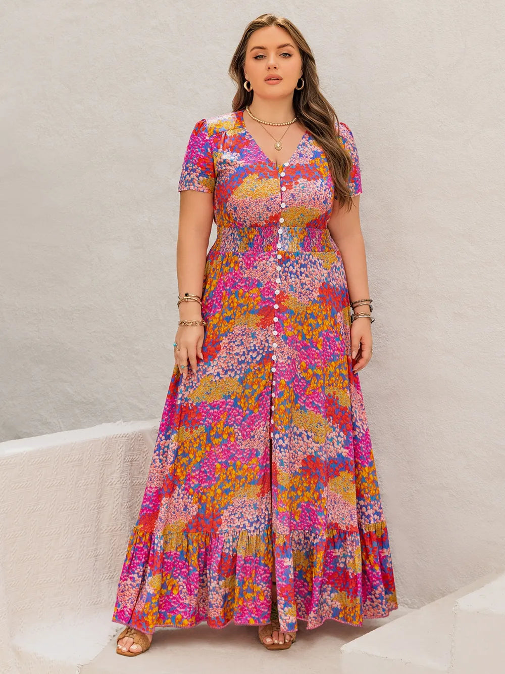 Plus Size Button Up Printed Short Sleeve Maxi Dress fee7466b-fc9a-480b-be60-984a6f893856-Max