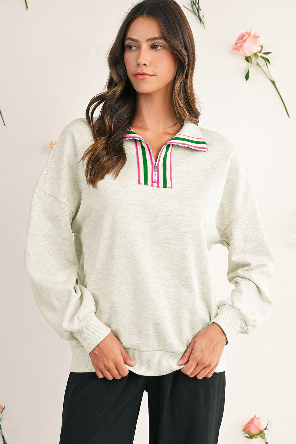 Sachet Pink Pop of Color Collared Patchwork Pullover Sweatshirt feec06c27b5223a1