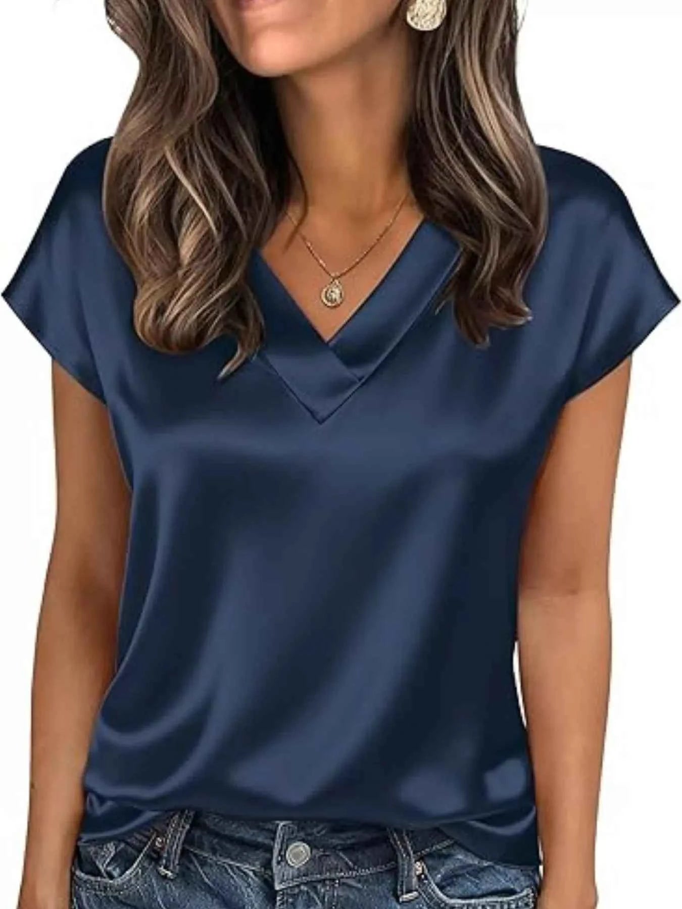 Satin V-Neck Short Sleeve Blouse Navy Blue fef10d5e-0b18-44ad-92bb-b2d1e723333e-Max-Origin