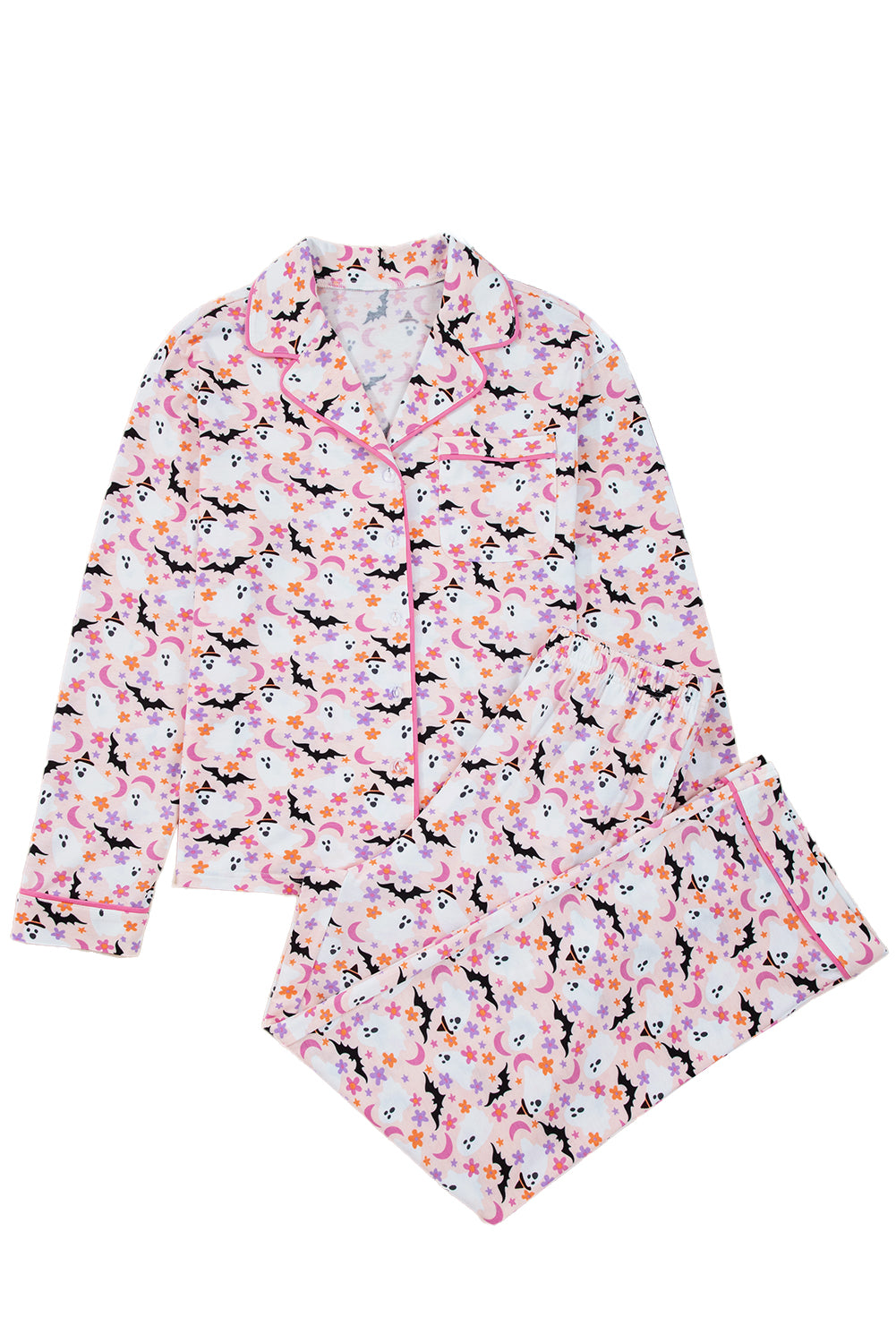 Pink Cute Floral Halloween Ghost Print Long Pajama Set fef1f886d5a7d0fb