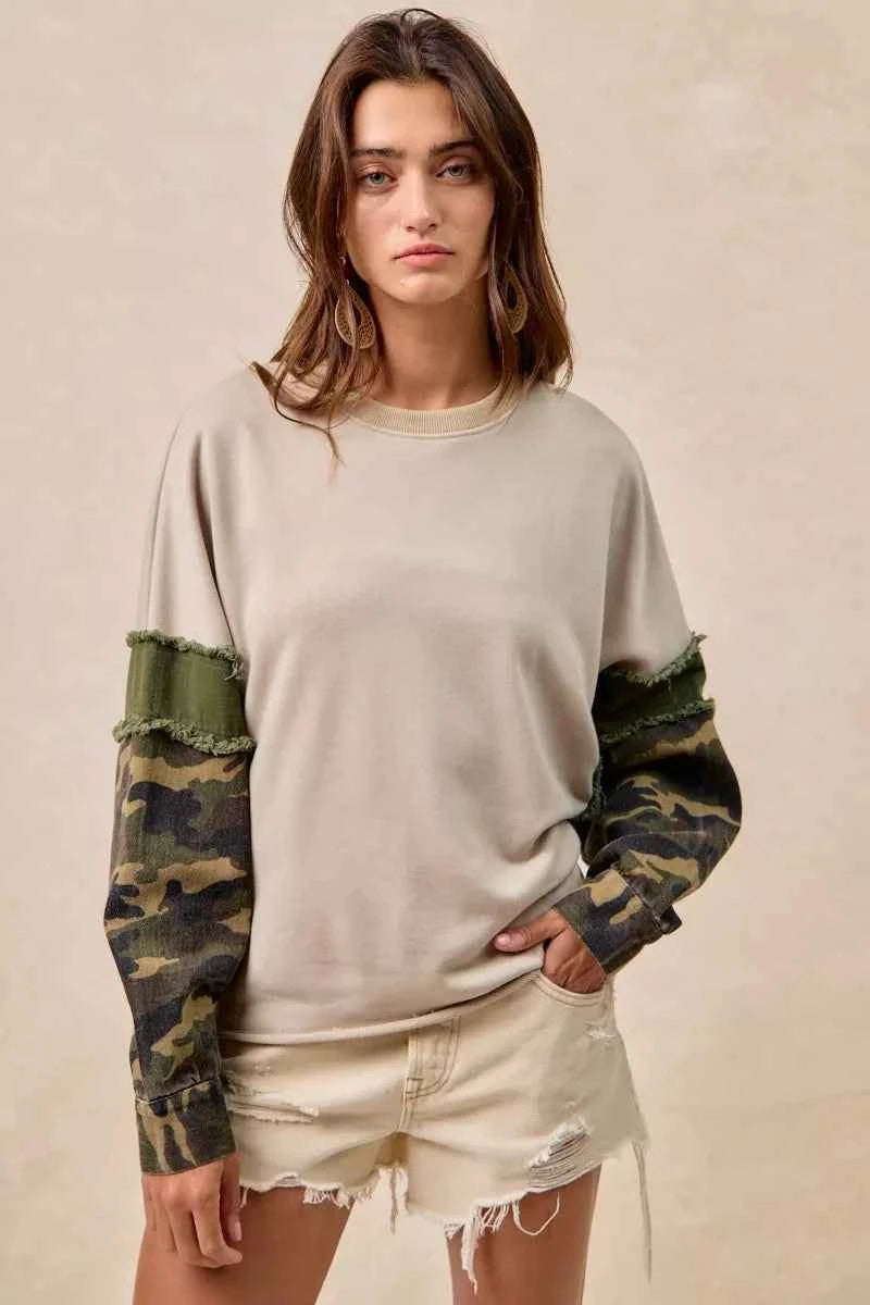 BiBi Camo Sleeve French Terry Top with Frayed Edge TAUPE OLIVE fef5edbf609d4a8eb0c28e3e063853e3-Max-Origin