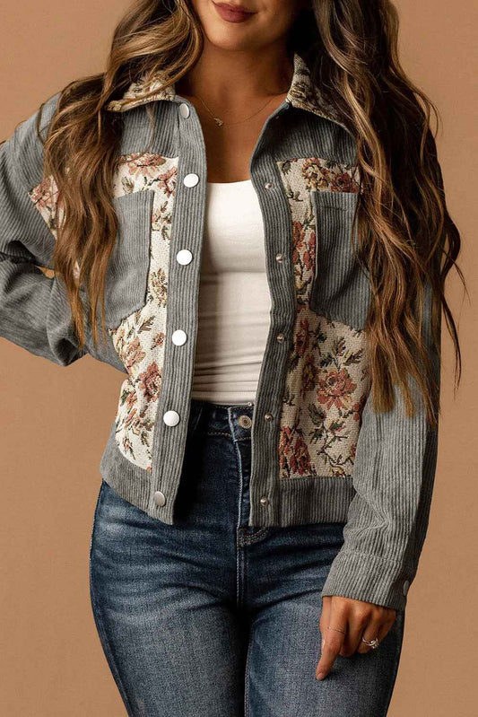 Medium Grey Corduroy Floral Patchwork Vintage Jacket Medium Grey Shell:100%Polyester+Lining:100%Polyester fef9b7ac834309ef