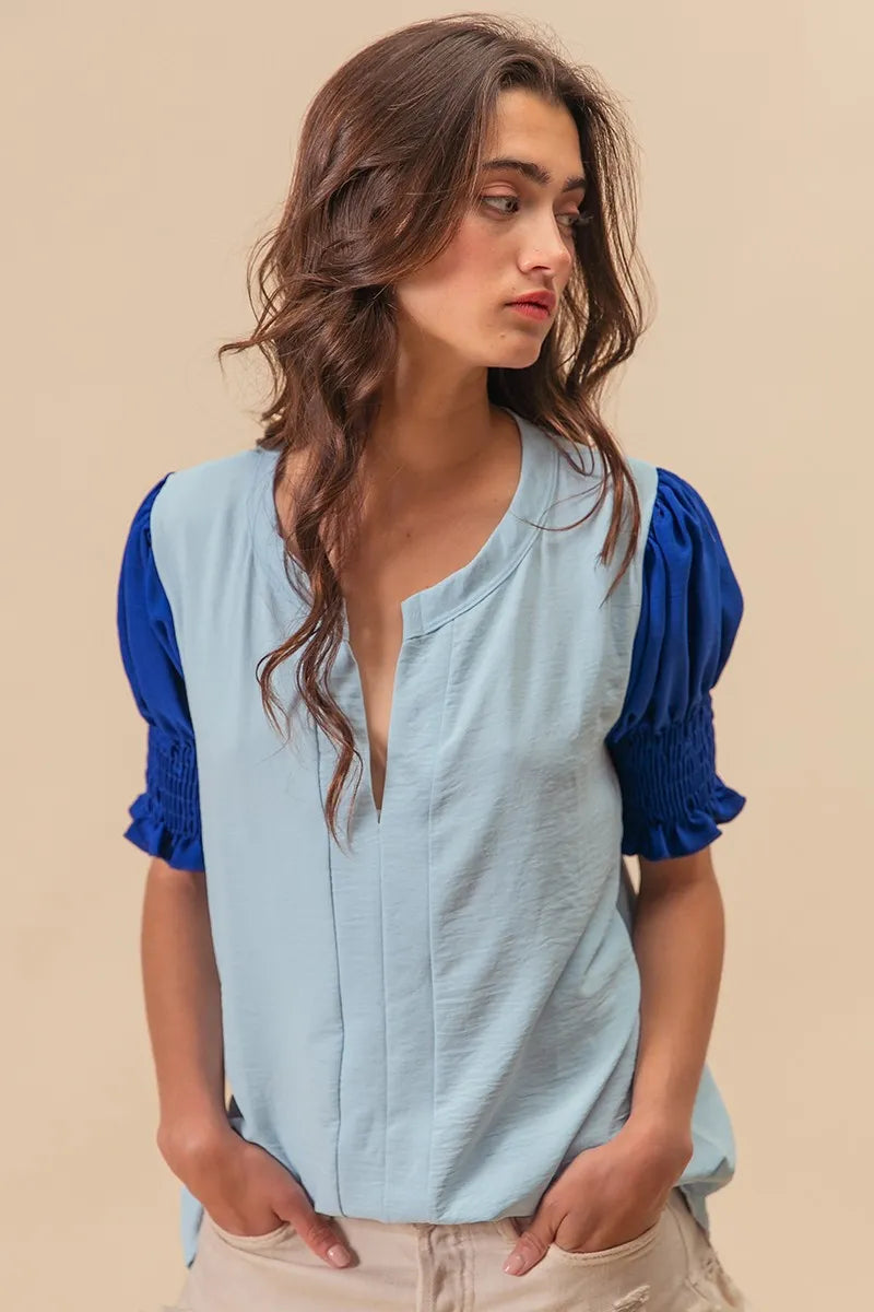 BiBi Air Flow Color Block Puff Sleeves V Neck Top feff85c550614c7bbcb656064d7da2a4-Max-Origin