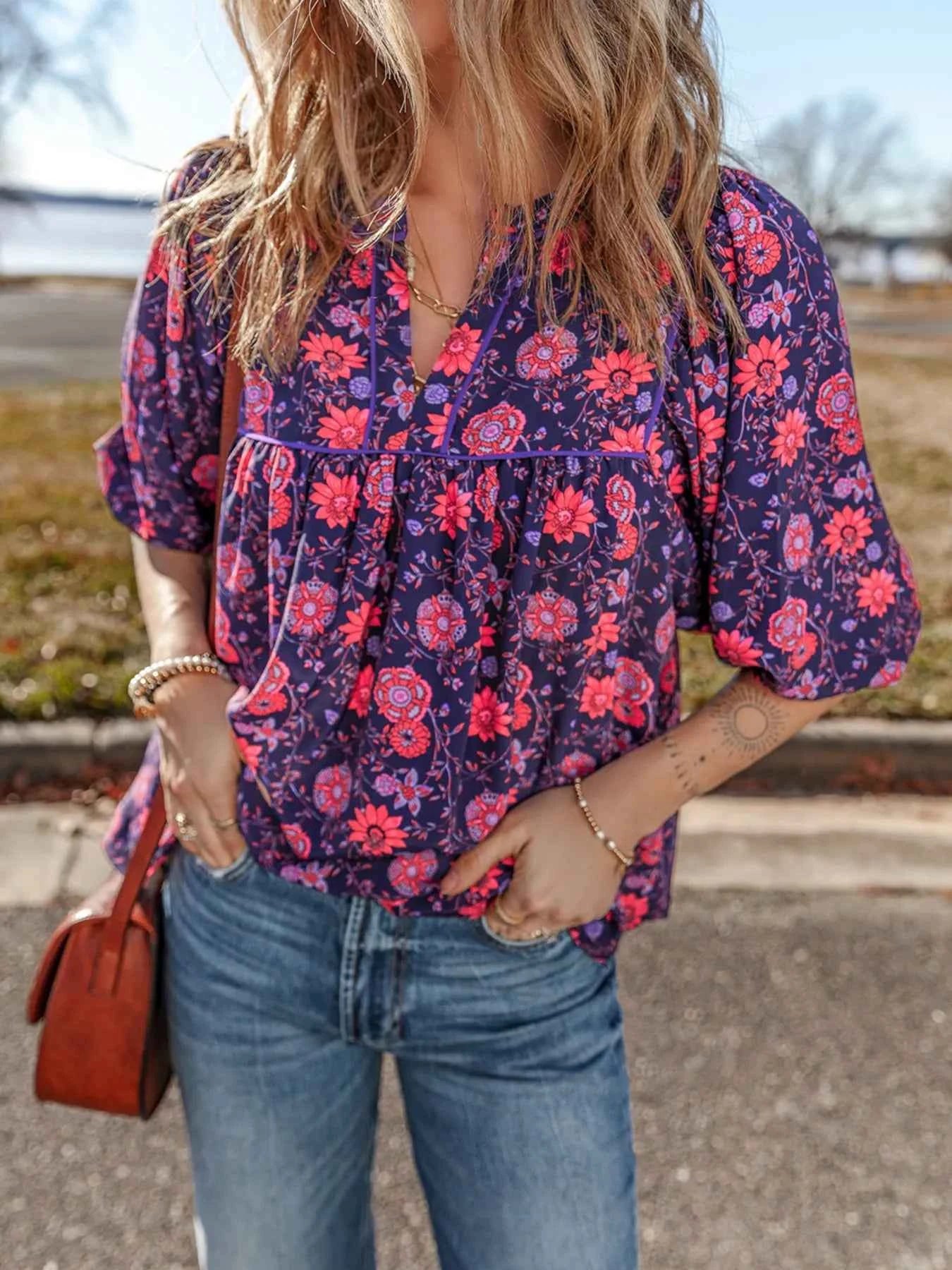 Floral Half Sleeve Split Neck Blouse Top Plum Purple ff012ba4263648bbb812d745a99317f5-Max-Origin