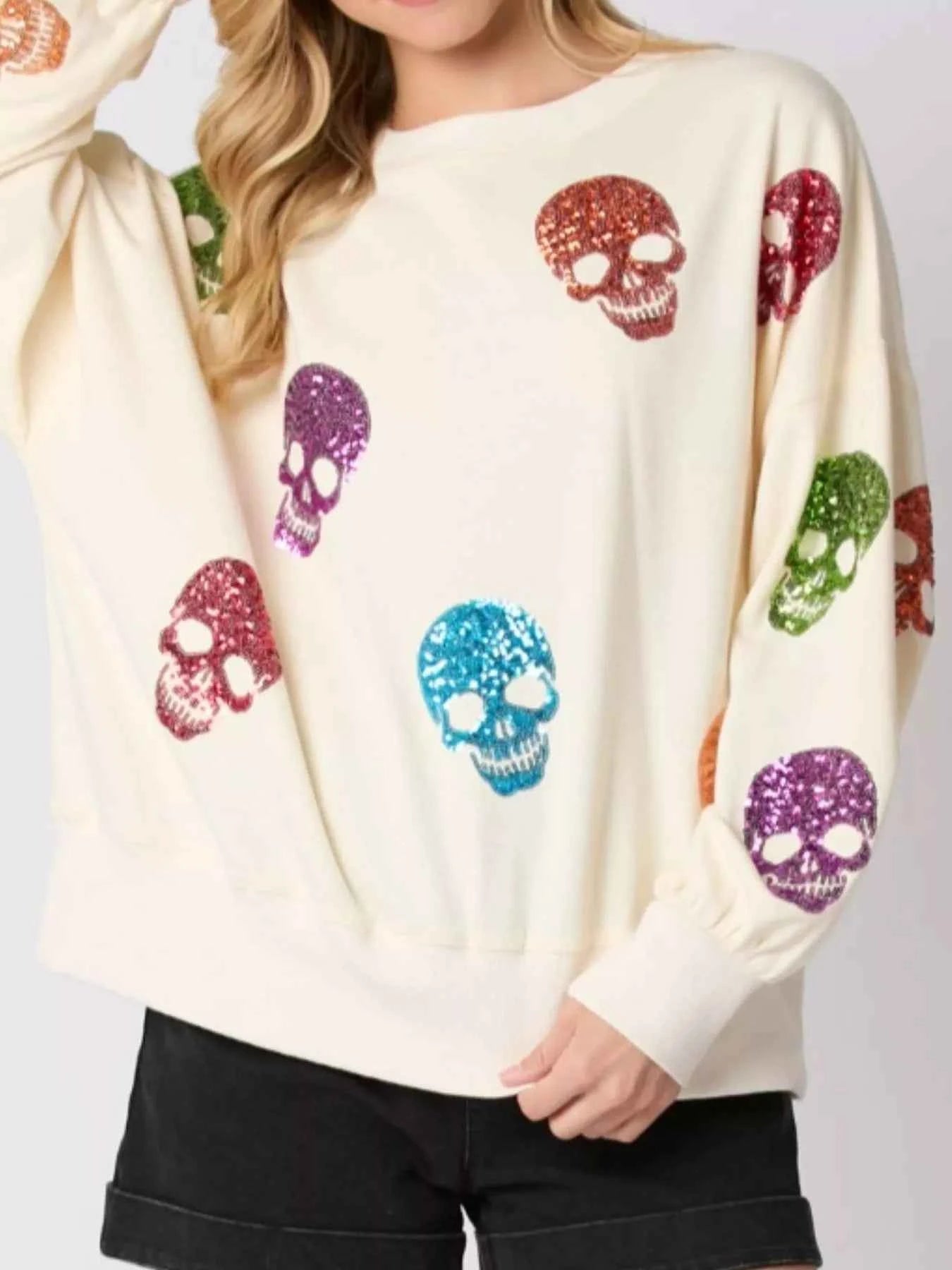 Halloween Colorful Skull Sequin Oversized Sweatshirt ff085d84-b5a5-4fe5-9e04-421d00610d03-Max-Origin