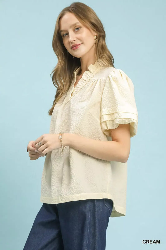 Umgee Textured Scallop Trim Puff Sleeve Blouse ff087701-25b0-43d7-adba-4eae9eb2d2b3-Max-Origin