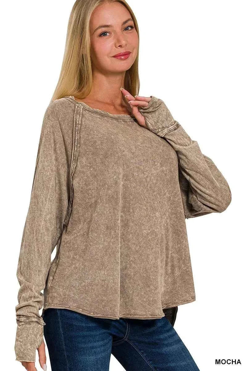 Zenana Crinkle Washed Thumb Hole Cuffs Long Sleeve Top MOCHA ff0c3d3476fe498ea945e6fb50ef754e-Max-Origin