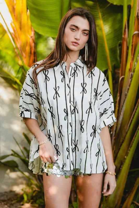 BiBi Bow Ribbon Woven Printed Button Down Shirt ff115391-e1a9-42eb-b989-9281f9f480ae-Max-Origin