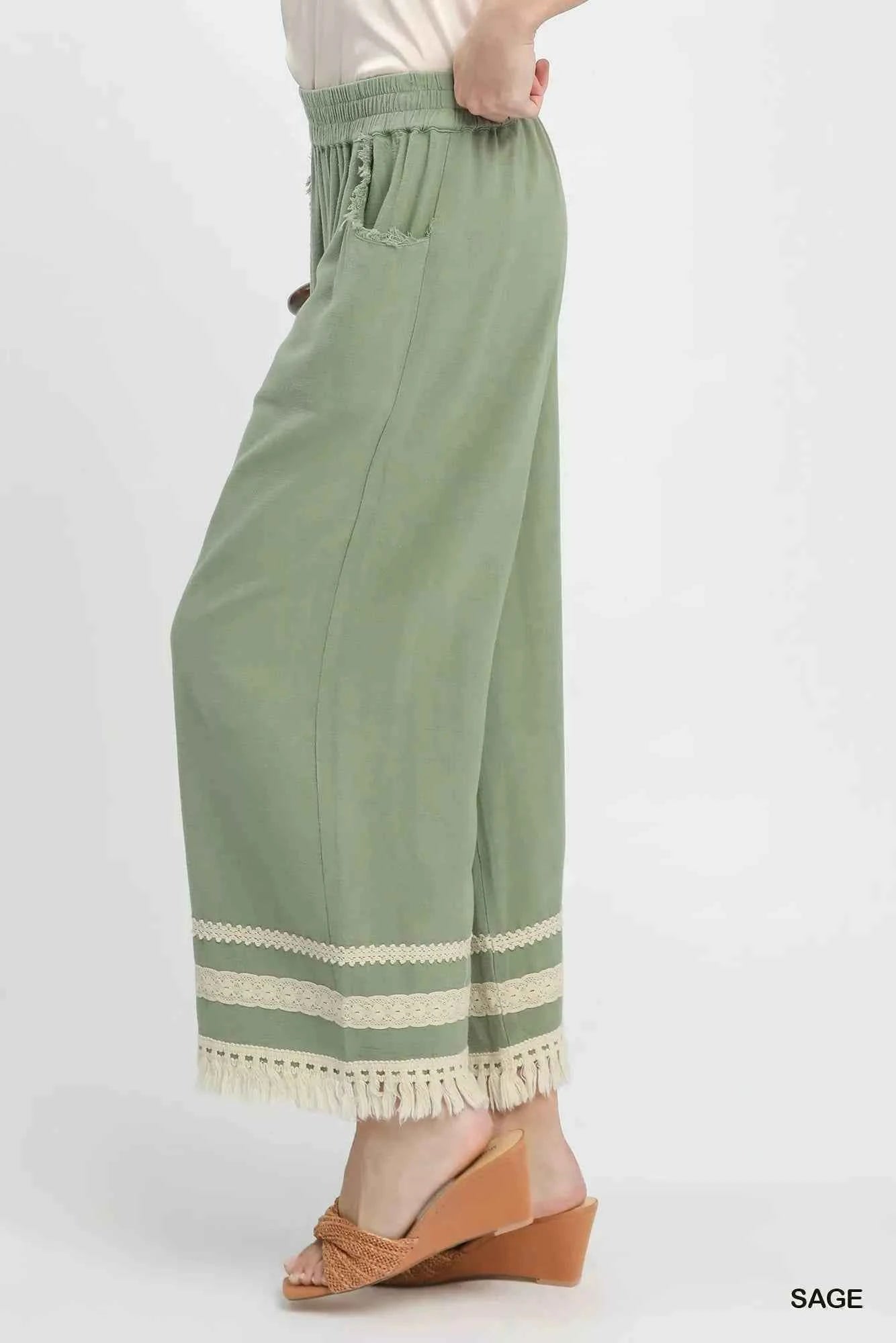 Umgee Lace Trim Fringe Hem Wide Leg Pants ff11635d-eeec-4230-8748-c33622021e1d-Max-Origin