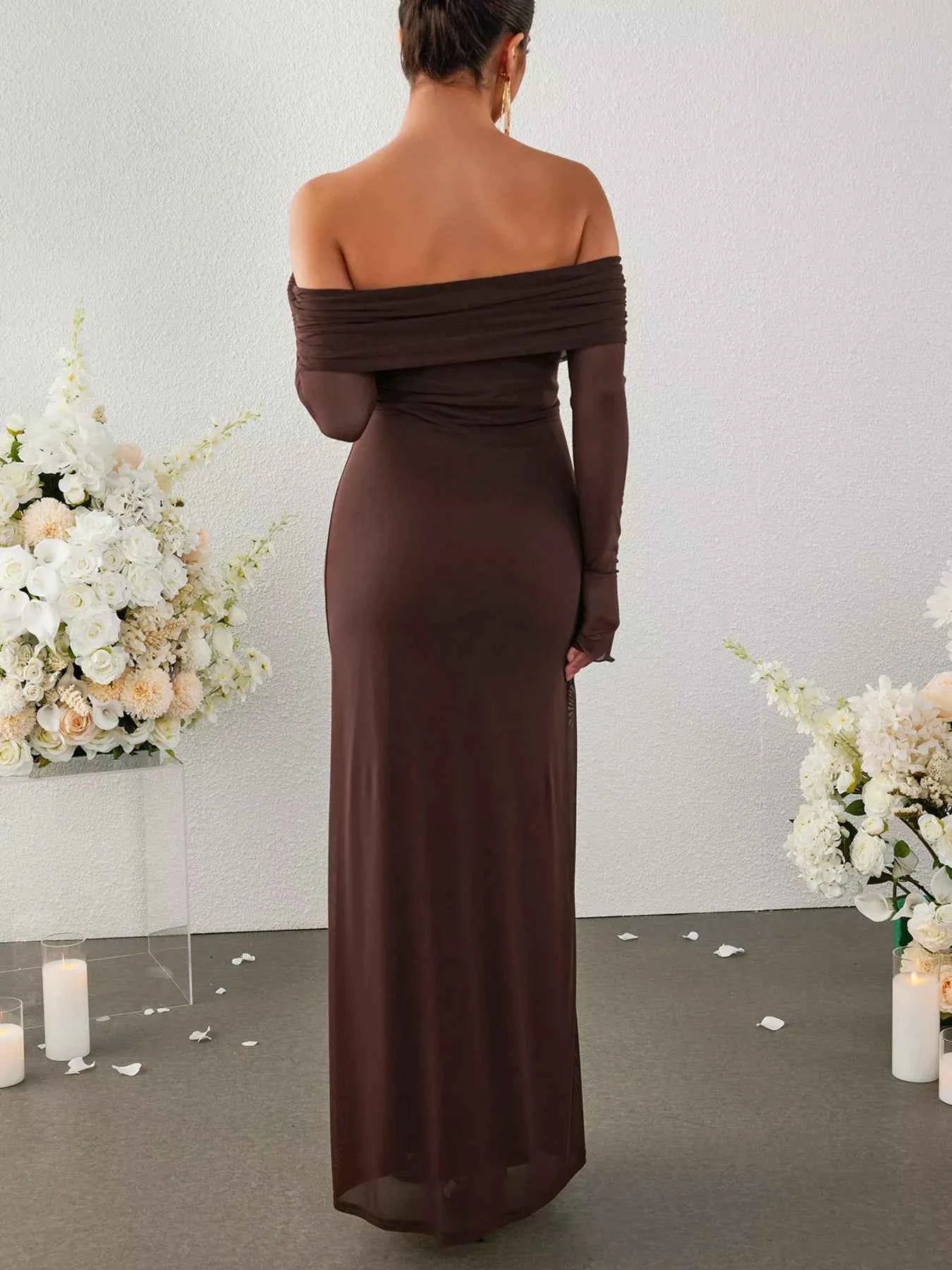 Off-Shoulder Ruched Long Sleeve Maxi Dress ff15164209d847008a71289ed8e74c61-Max-Origin