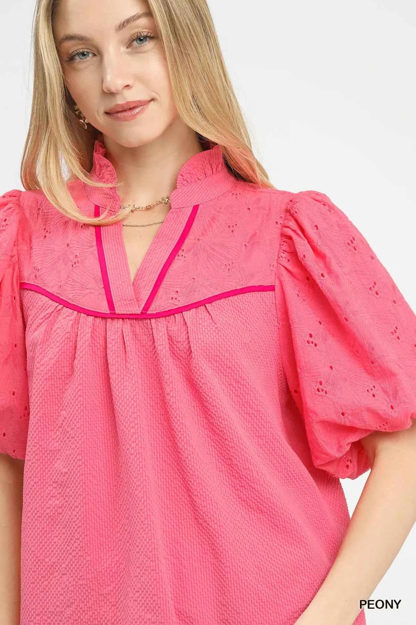 Umgee Puff Sleeve Eyelet Mix Top with Contrast Piping ff1a10b2-2ec9-42b5-8c15-95ef2fbadf60-Max-Origin