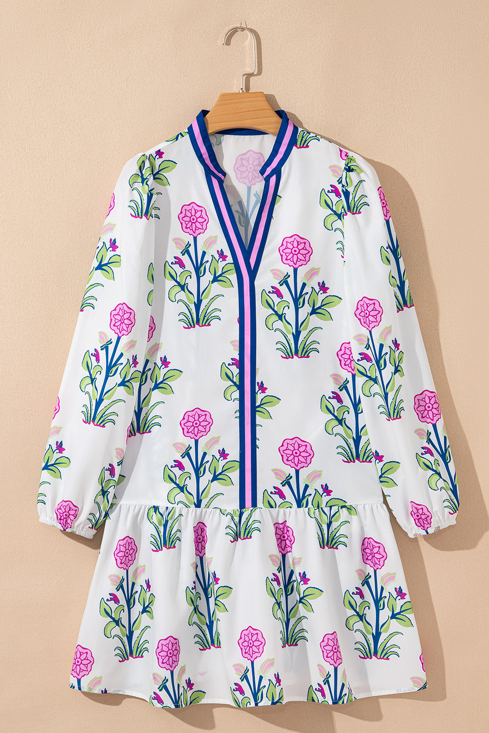 Sky Blue Floral Print Pop of Color V Neck Mini Dress ff1e10ad12754988