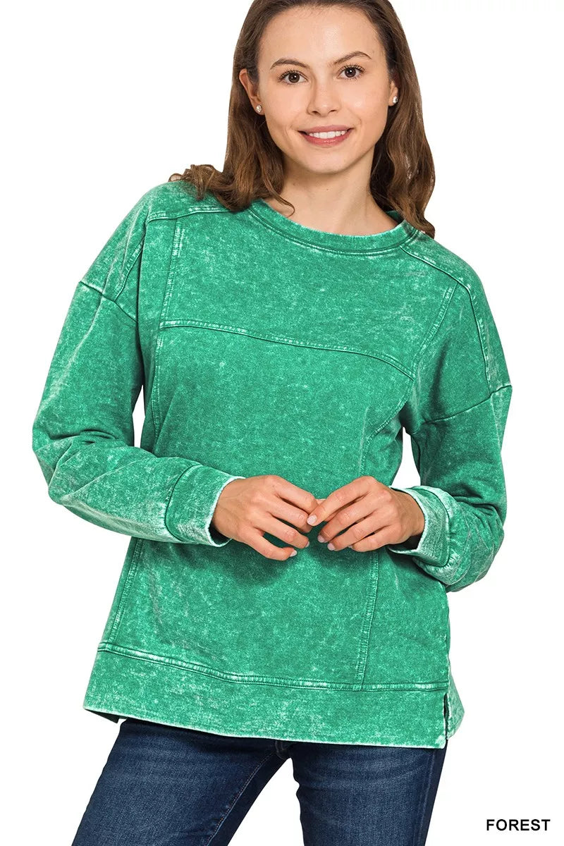 Zenana Acid Wash French Terry Exposed-Seam Pullover FOREST ff1fa66e9d80424984009e6d972bc826-Max-Origin