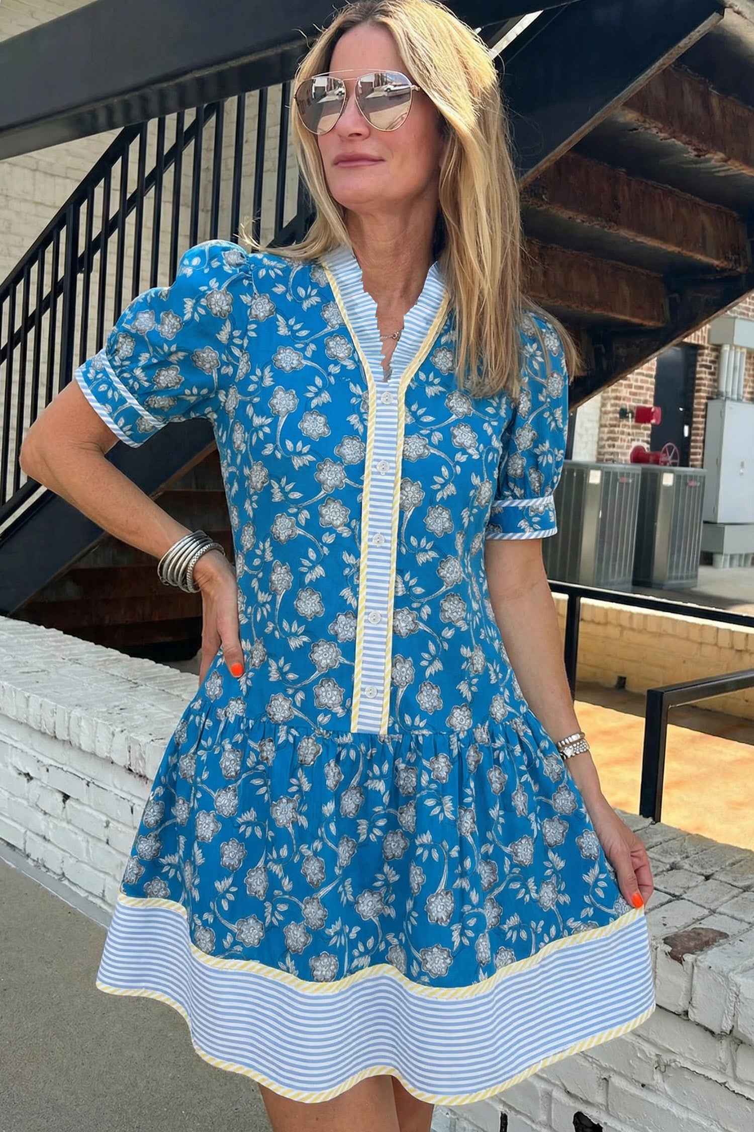 Blue Striped Trim Half Buttons Short Sleeve Floral Dress ff1fc89c099df79b