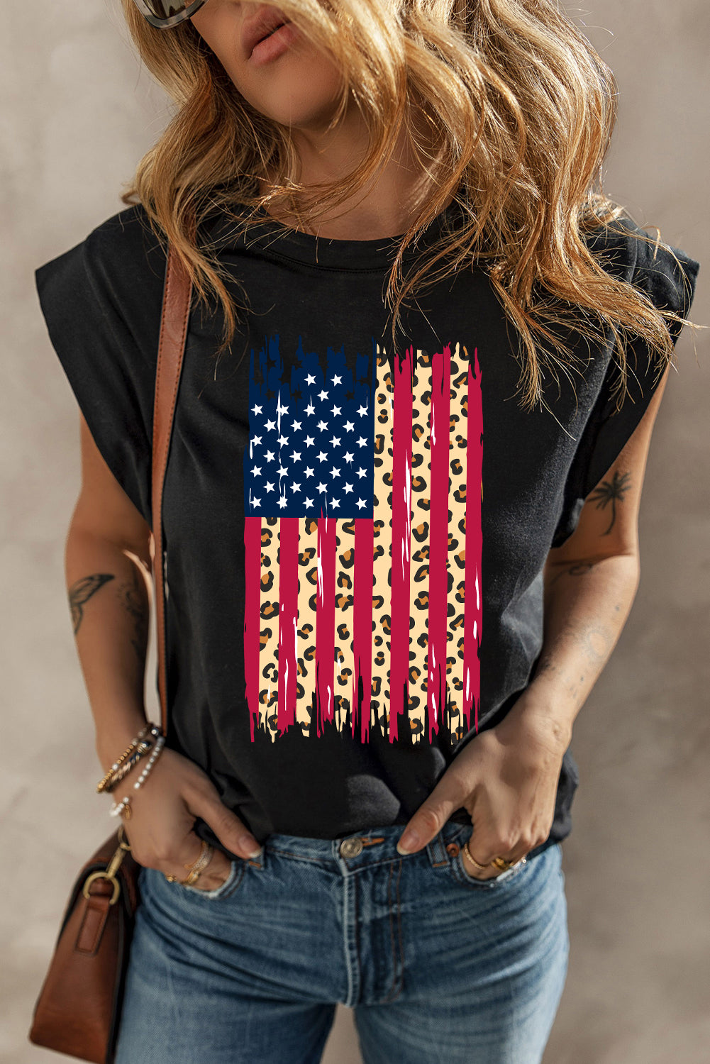 Black Leopard USA Flag Printed Sleeveless Cotton Top Black ff215285549c7166