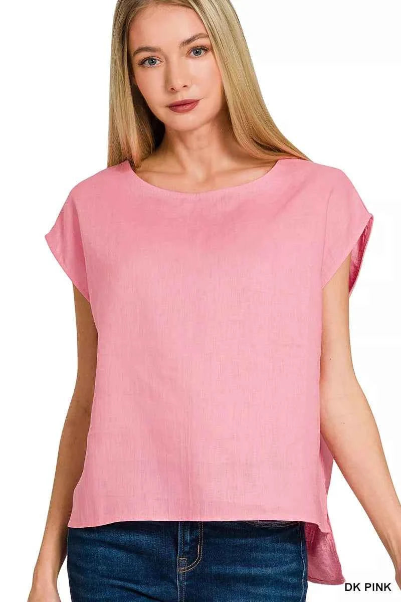 Zenana Linen Round Neck Cap Sleeve Top DK PINK ff2744098ed04f24b16f5745065bacdc-Max-Origin