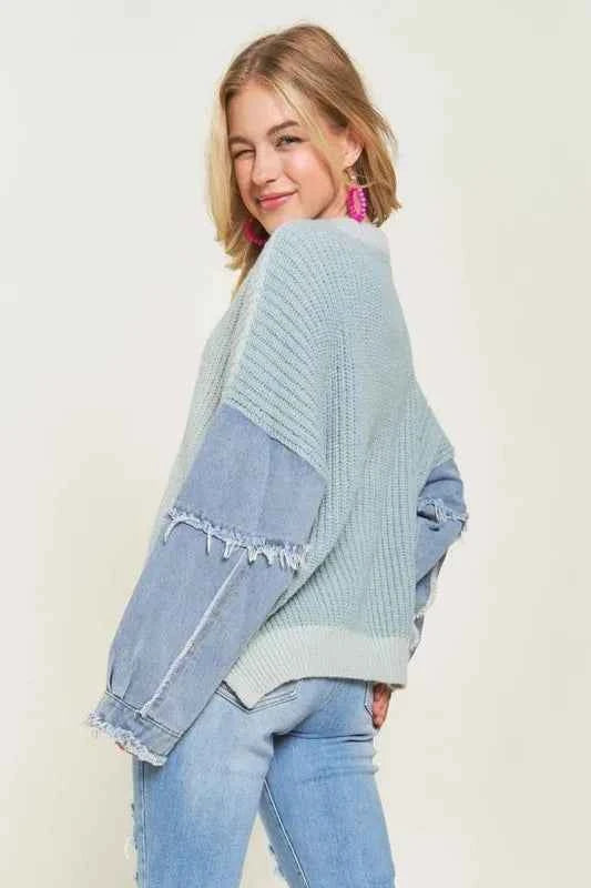 ADORA Plus Size Frayed Denim Sleeve Sweater Top ff2b872f-d0c8-4f5c-92db-7afaa4b57762-Max-Origin