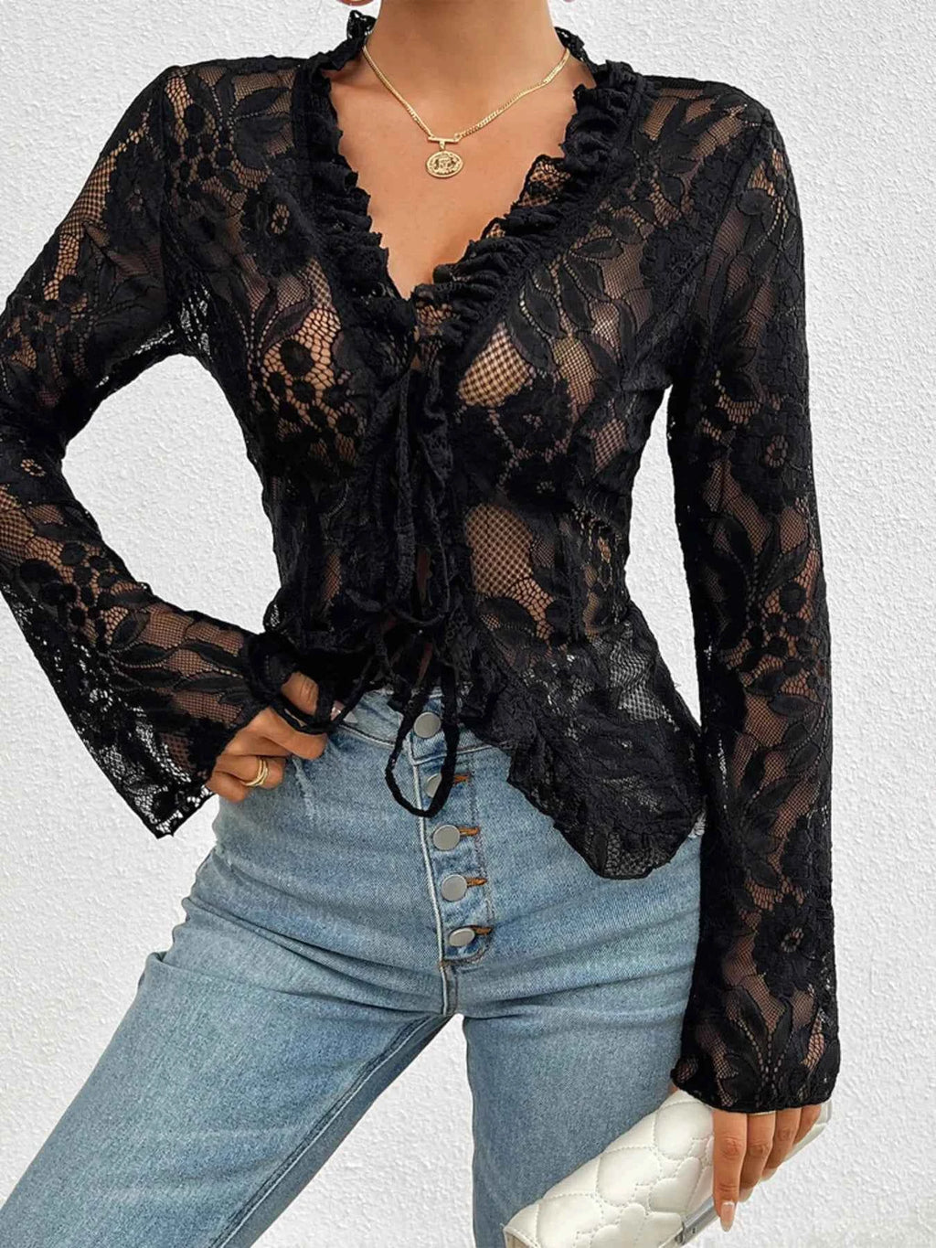 Tie Front Long Sleeve Lace Top ff2d7f2085fd4d629c38c497d83cba39-Max-Origin