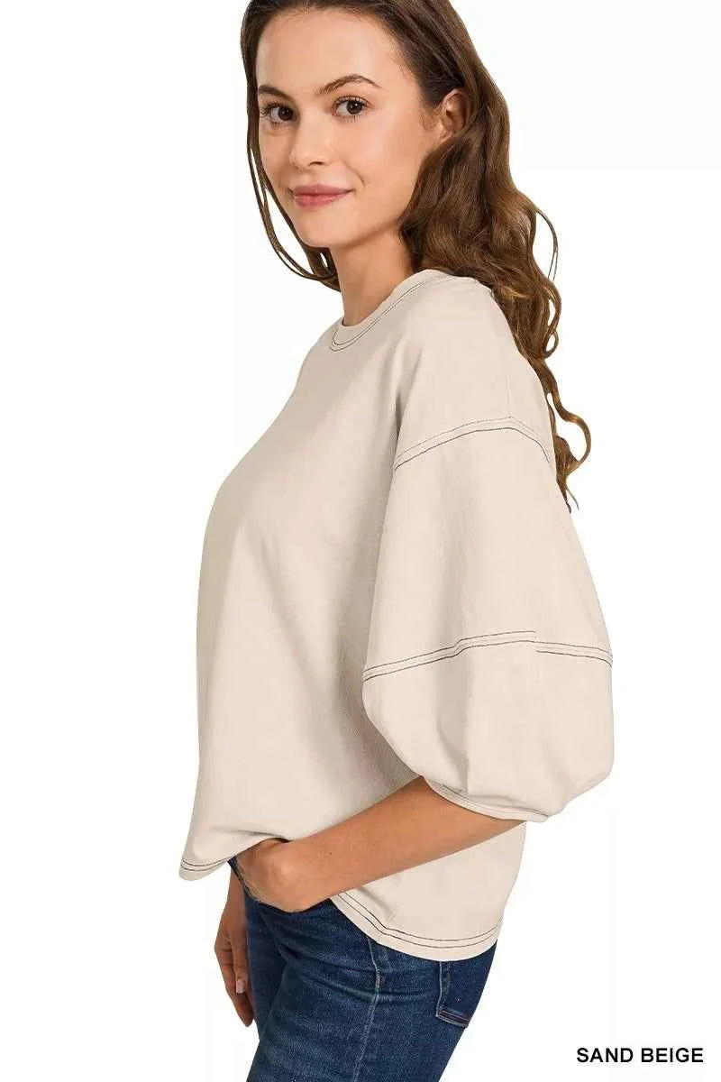 Zenana Balloon Sleeve Top with Contrast Stitching ff324c76d9b14c698a81dcf30b8362a8-Max-Origin