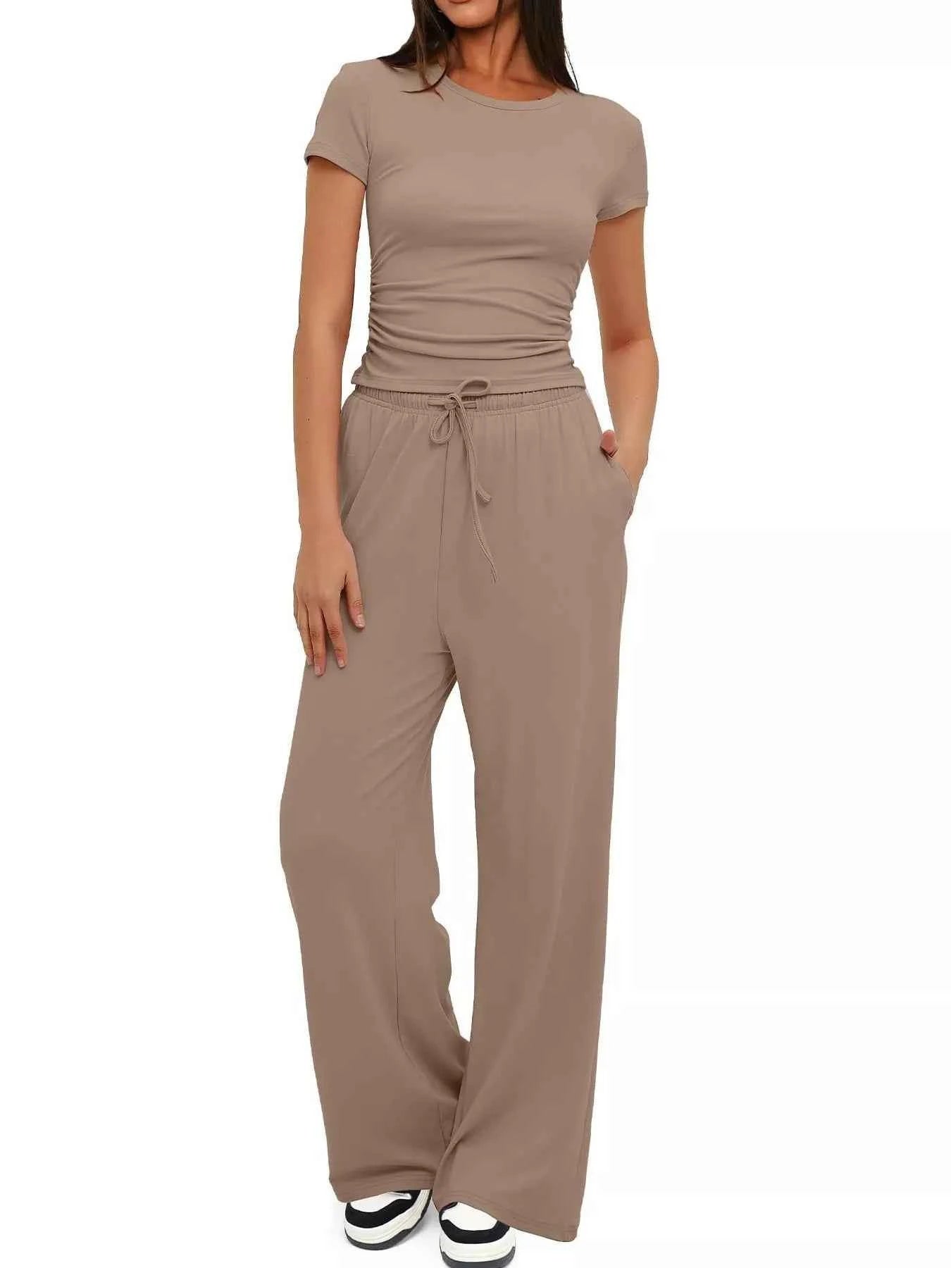 Round Neck Short Sleeve T-Shirt and Pants Set Khaki ff34d1d731ff47ad8ff07d257a0d0e9c-Max-Origin