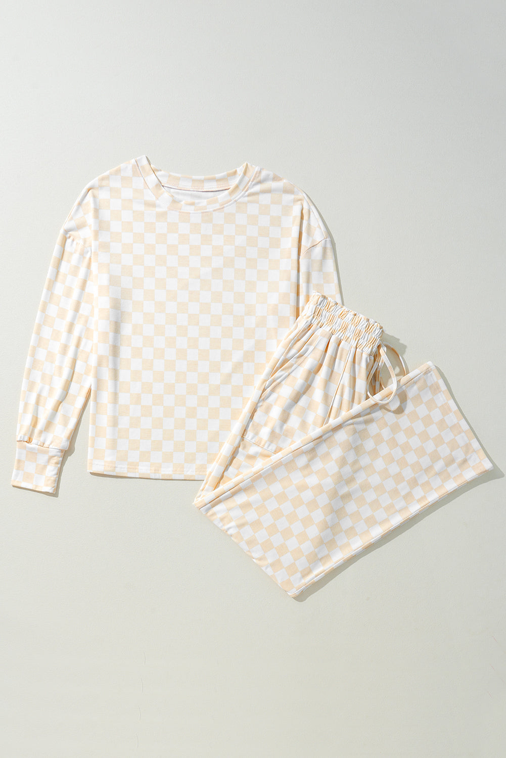 Beige Checkered Print Long Sleeve Loose Fit Pajama Set ff37db0fbf1f9462