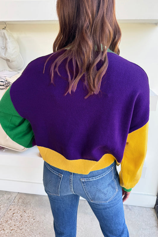 Tillandsia Purple Colorblock Patchwork Fuzzy Mardi Gras Graphic Sweater ff393f4d66863aa6