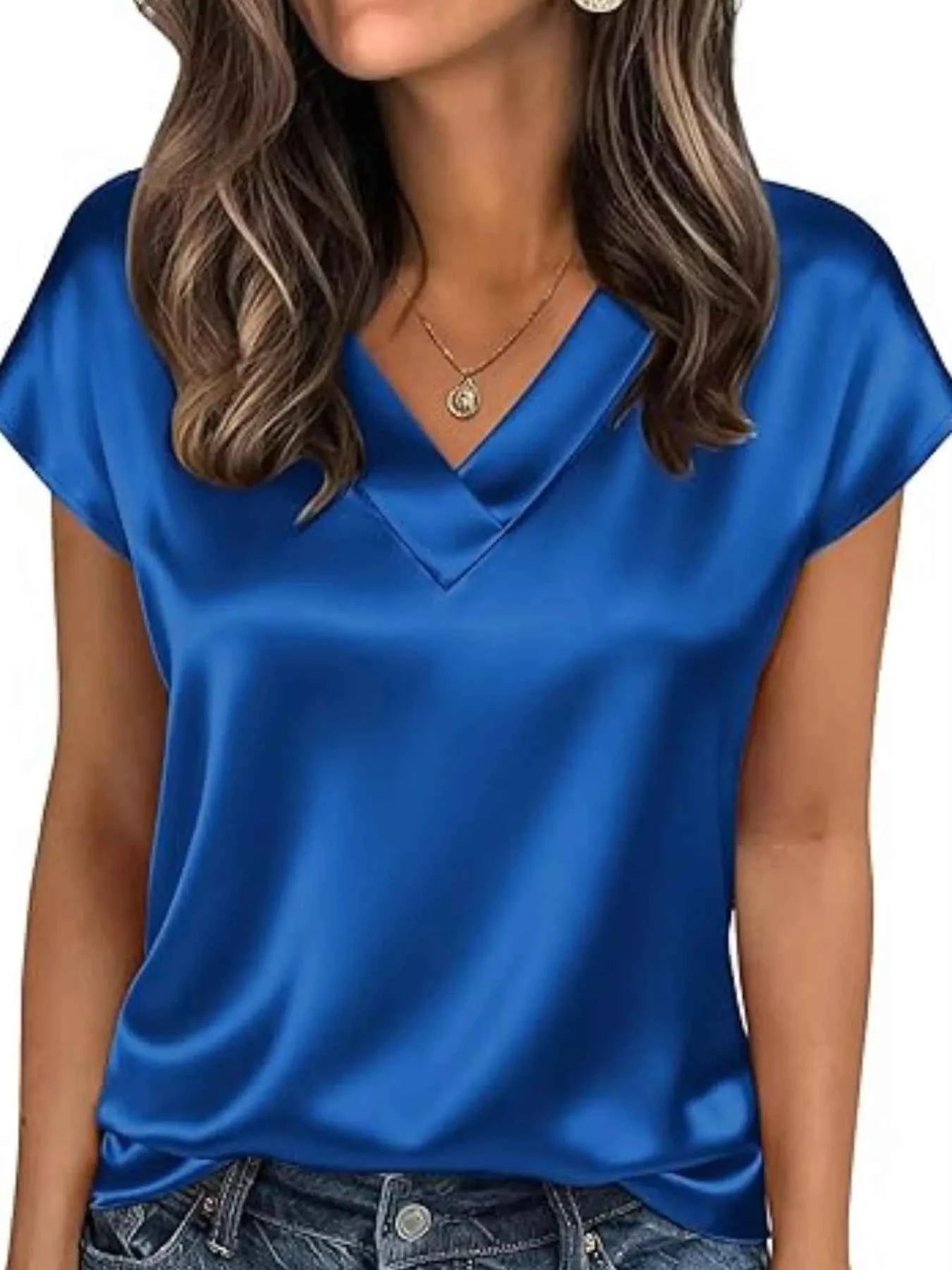 Satin V-Neck Short Sleeve Blouse Royal Blue ff394e80-d821-4e6c-8e95-830dfbb50796-Max-Origin