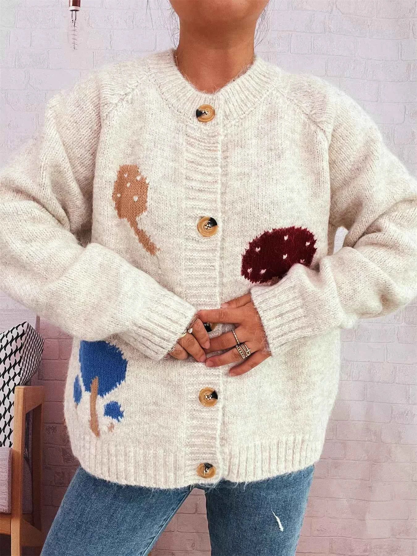 Mushroom Pattern Button-Up Cozy Knit Cardigan ff3b60f385b3496ebf3a4e899b1341d8-Max-Origin