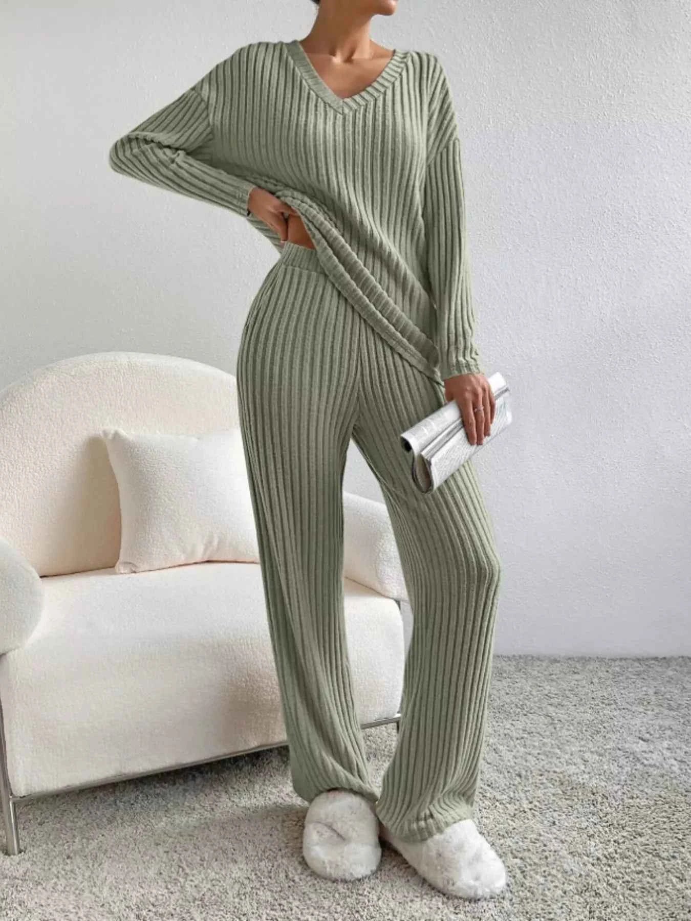 Ribbed Knit Long Sleeve Top and Pants Set Army Green ff3bae7d5d704aabbc4e5945cd52c3ae-Max-Origin