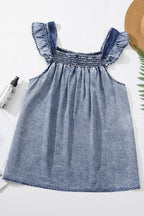 Ashleigh Blue Smocked Neck Frill Denim Sleeveless Top