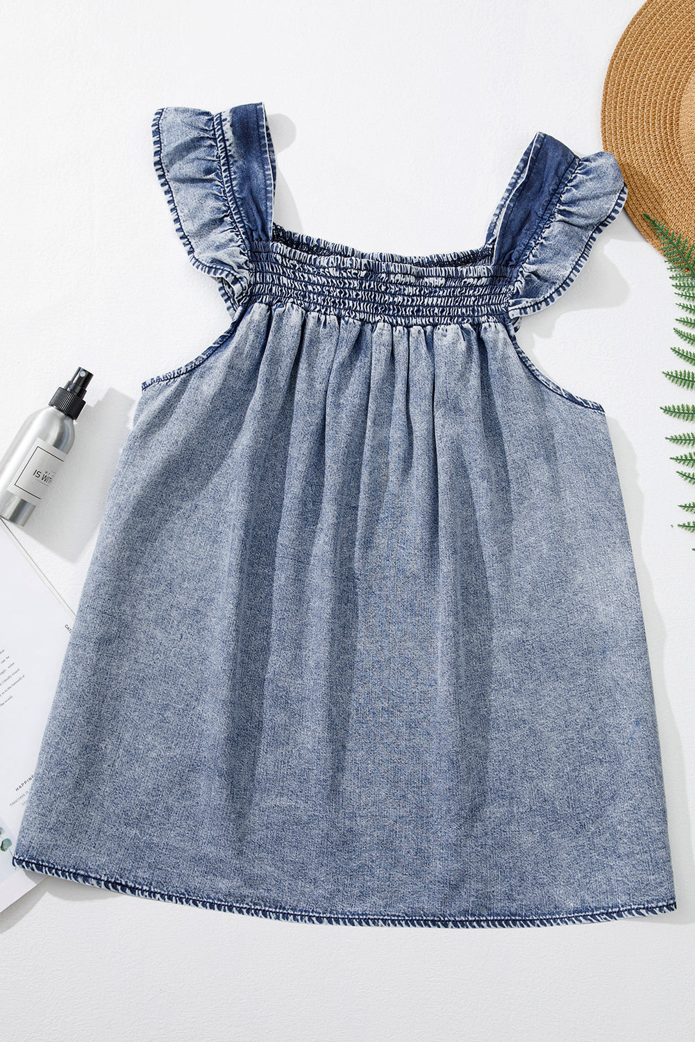 Ashleigh Blue Smocked Neck Frill Denim Sleeveless Top