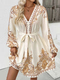 Printed Tie Waist Long Sleeve Dress Beige ff45c3dd-dfba-4750-b63a-fbee4ff47232-Max-Origin