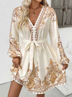 Printed Tie Waist Long Sleeve Dress Beige ff45c3dd-dfba-4750-b63a-fbee4ff47232-Max-Origin