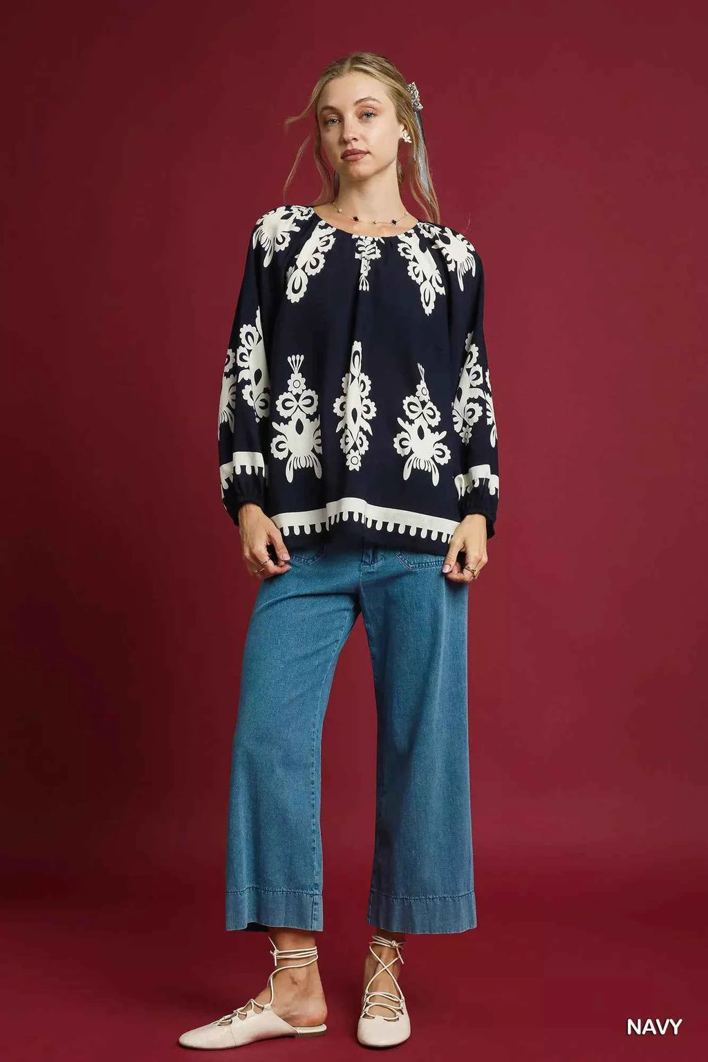 Umgee Two Tone Border Print Top with Balloon Sleeves ff45c71a-0dfb-42e5-9b42-6f959025e42b-Max-Origin