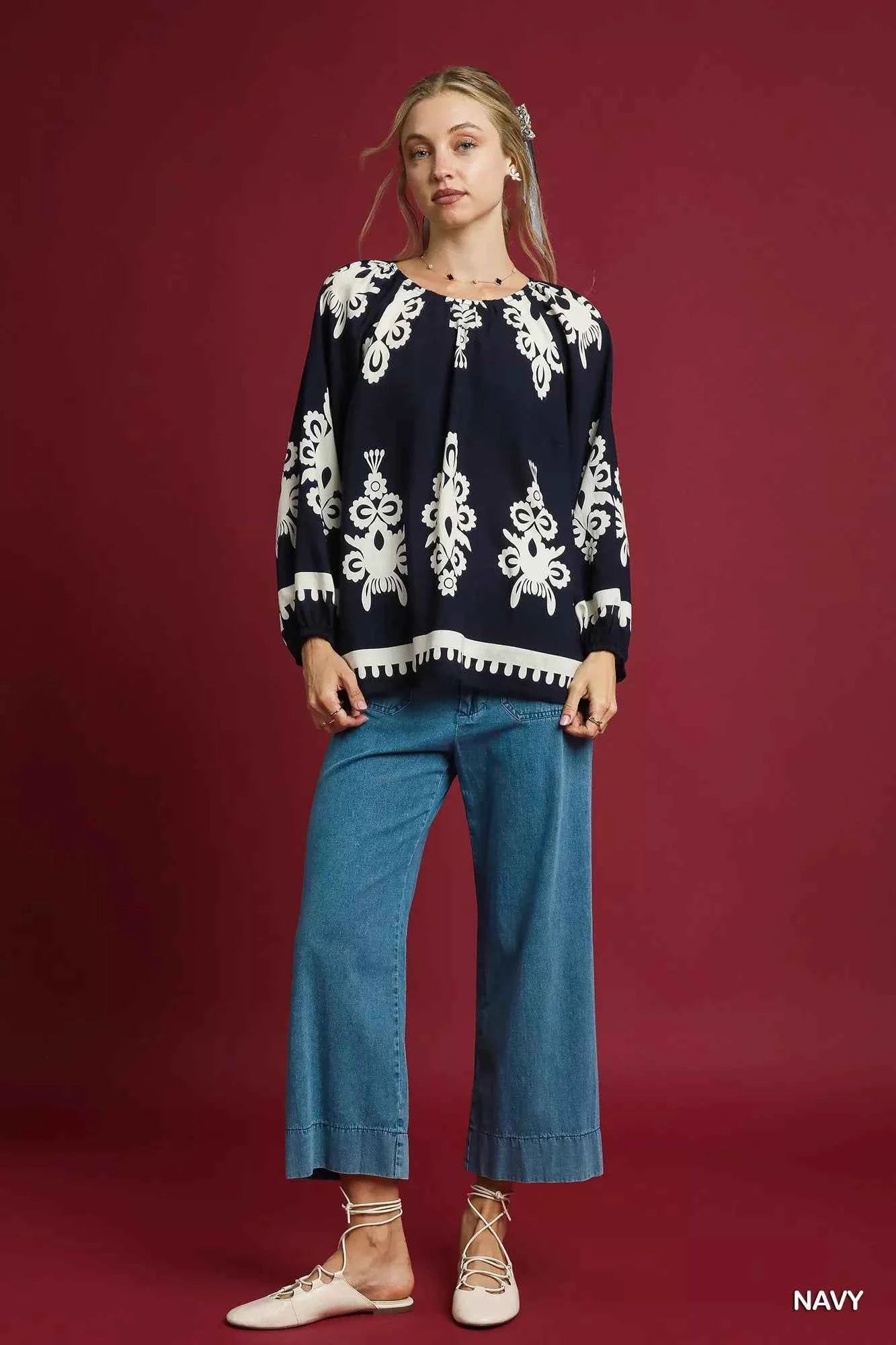 Umgee Two Tone Border Print Top with Balloon Sleeves ff45c71a-0dfb-42e5-9b42-6f959025e42b-Max-Origin