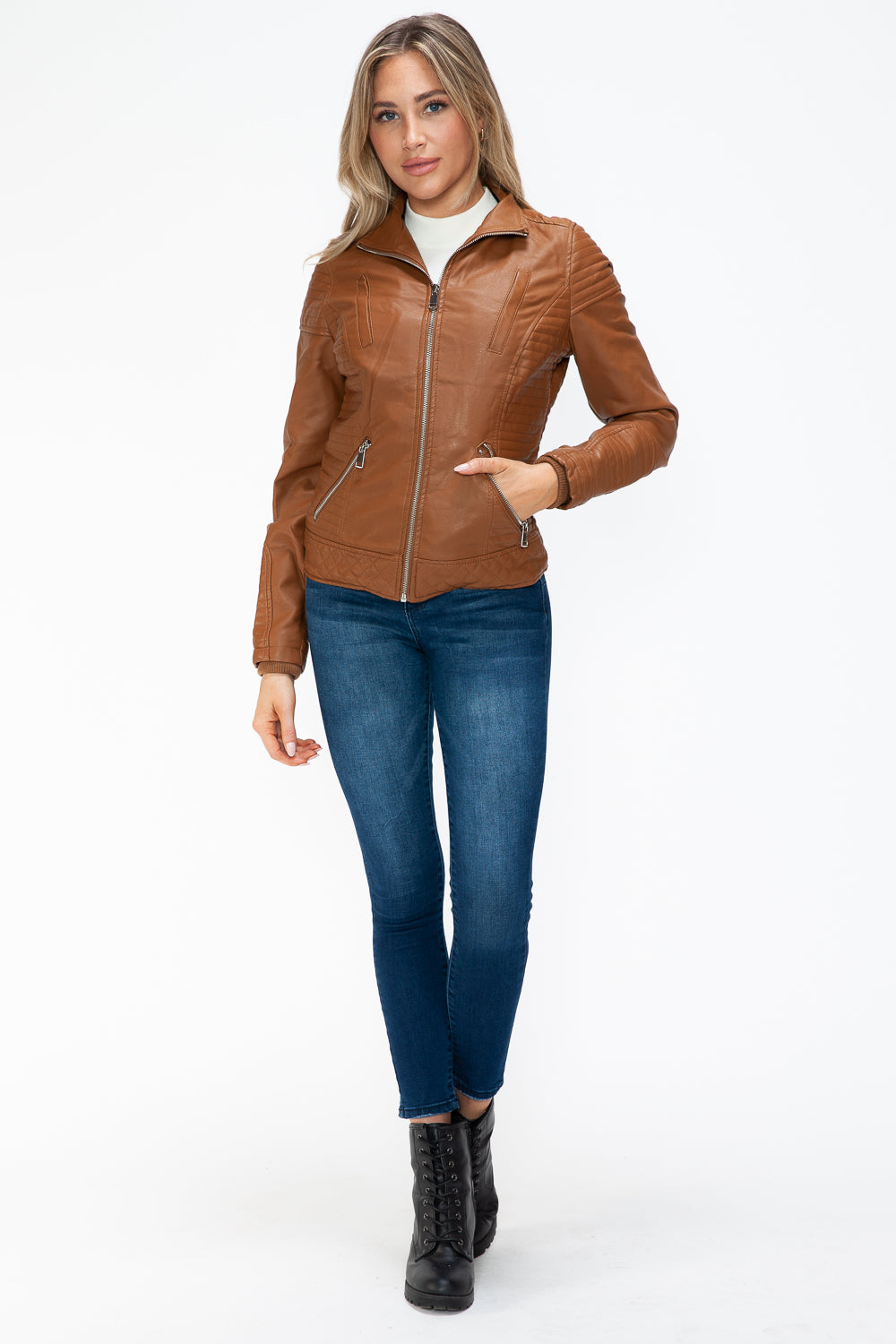 YMI Faux Layered Double-Zipper Jacket with Fuzzy Hood