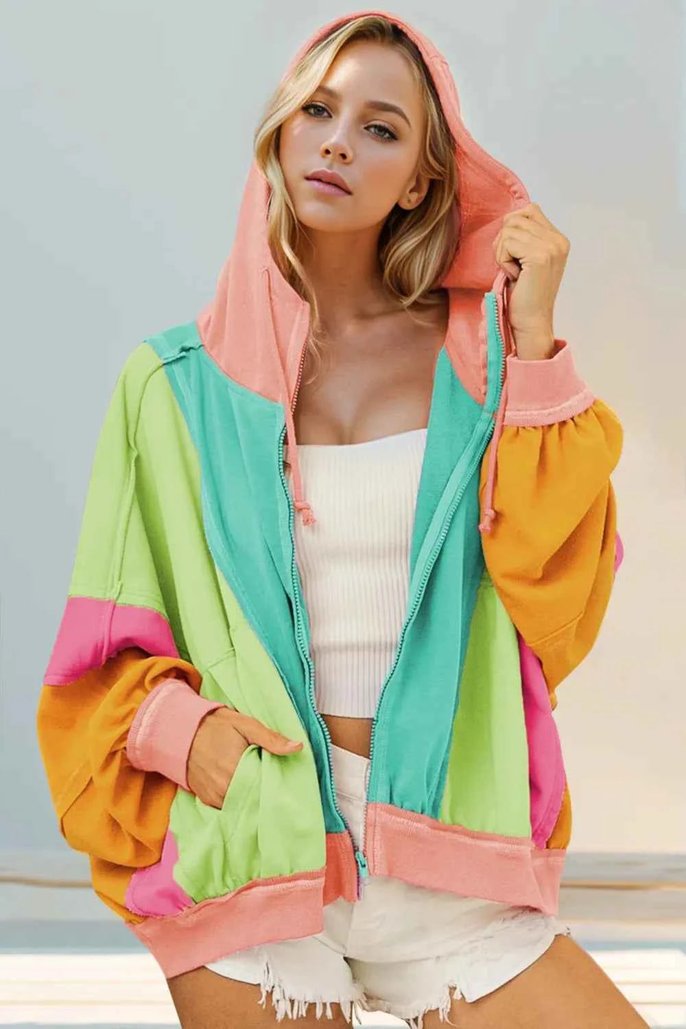 Double Take Full Size Color Block Zip Up Hoodie Teal ff52540c-9828-44ac-a0a7-a6d8028bce9d-Max