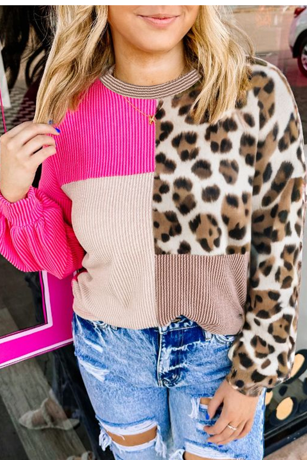 Rose Red Twisted Ribbed Colorblock Leopard Patchwork Plus Size Top Rose Red 75%Polyester+20%Viscose+5%Elastane ff593ec9117fc55c