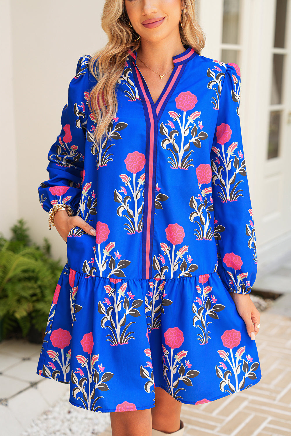 Sky Blue Floral Print Pop of Color V Neck Mini Dress ff595bf6a65fbc55